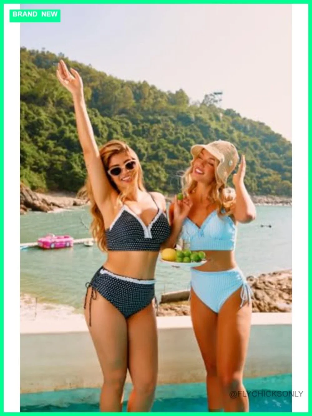 Women's Splice Ruffle Trim High Waisted Bikini Set Tie Side Swimsuits